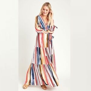 NEW Skies Are Blue Tiered Maxi Wrap Dress XS Multi Color Stripe NWT